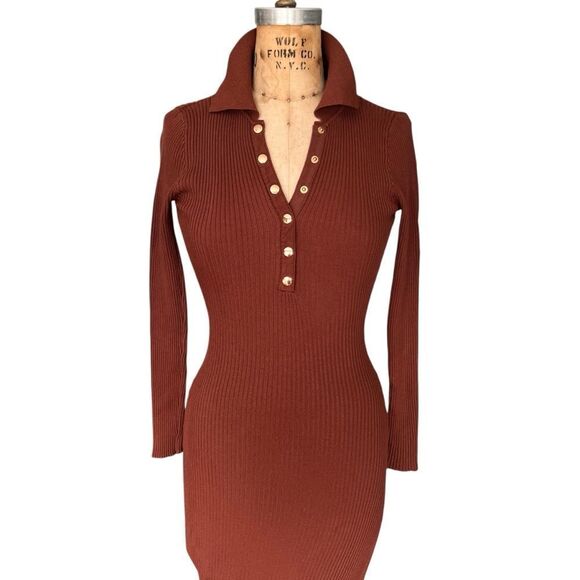 Brown Ribbed Knit Dress with Gold Snap Buttons Size S - Picture 2 of 8